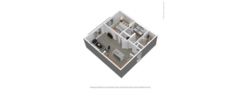 A 3D floor plan of a house with a kitchen, living room, and two bedrooms.
