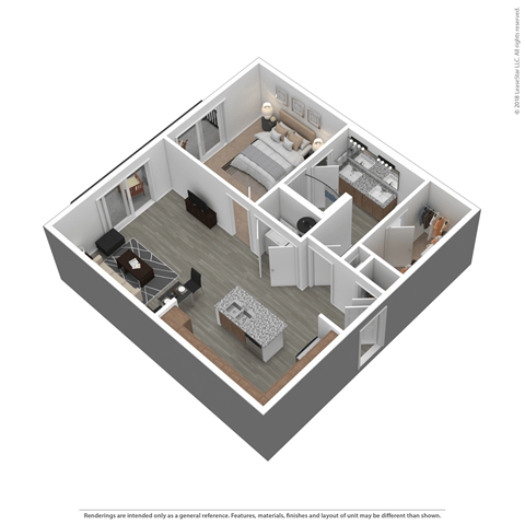 A 3D floor plan of a house with a kitchen, living room, and two bedrooms.