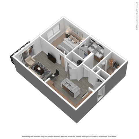 A 3D rendered image of a house layout.