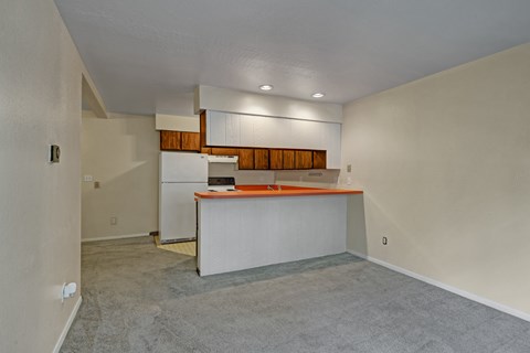 A white kitchen with a white counter and a white fridge.