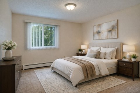 A serene bedroom at Bay Arms Apartments with a cozy bed dressed in white bedding and neutral pillows. Two bedside tables with lamps frame the bed, and a dresser sits to the side with décor. A window with vertical blinds brings in natural light, brightening the carpeted space and soft area rug.