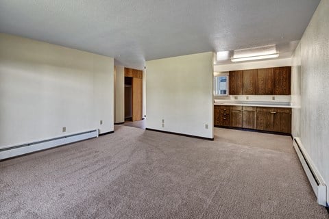 A spacious living area at Bay Arms Apartments with plush carpet and neutral walls. The open layout leads into the kitchen, which features wood cabinets and a long countertop. A hallway and closet space sit nearby, offering functional storage and room flexibility.