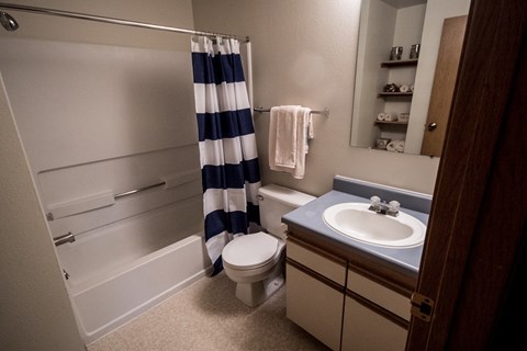 A tidy Birchwood bathroom featuring a white bathtub with a bold navy and white striped shower curtain. A compact vanity with a blue countertop and single sink sits beneath a wide mirror. Soft towels hang on the wall, and open shelving stocked with neatly rolled linens adds simple, useful storage.
