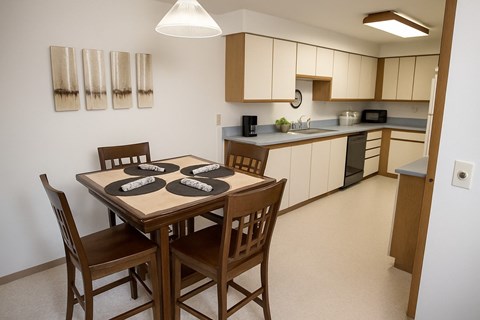 A kitchen with a table and chairs in the foreground and a counter and cabinets in the background.