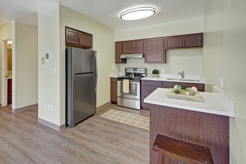 A kitchen with a refrigerator, oven, and stove.