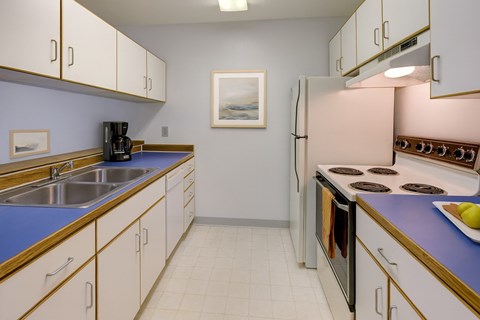 A kitchen with white cabinets and a blue counter.