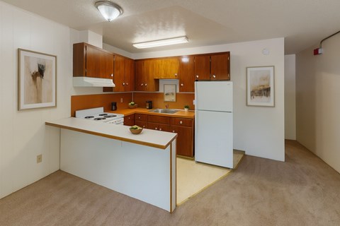 A kitchen with white appliances and wooden cabinets.