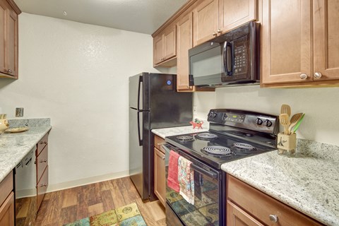 A kitchen with a black stove and a black refrigerator.
