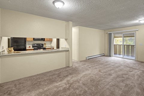 A room with a carpeted floor and a window with curtains.