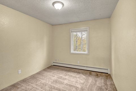 A room with a window and a carpeted floor.