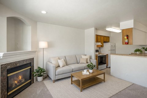 A living room with a fireplace and a couch.