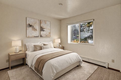 A bedroom with a large bed and two lamps.