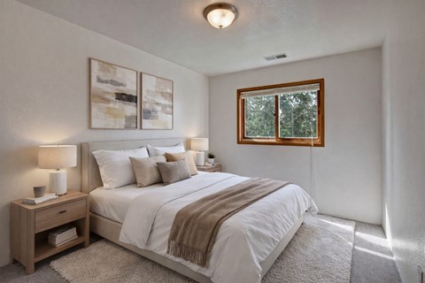 A bedroom with a large bed, a nightstand with a lamp, and a window with a view of trees.