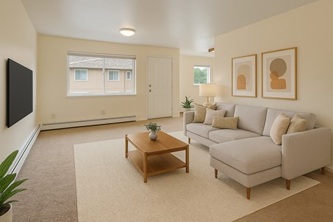A living room with a grey couch, a wooden coffee table, and a flat screen TV mounted on the wall.