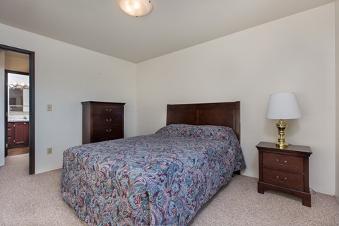 A bedroom with a bed, nightstand, and lamp.