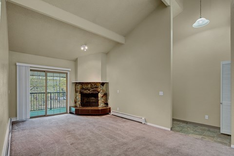 A living room with a fireplace and sliding glass doors.