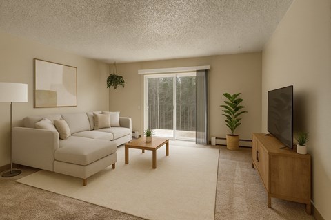 A living room with a white couch, a wooden coffee table, a flat screen TV, and a large window with a view of trees outside.