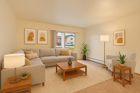 A living room with a grey couch, a wooden coffee table, a lamp, and two potted plants.