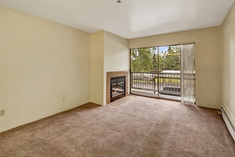 A room with a carpeted floor and a sliding glass door leading to a balcony.