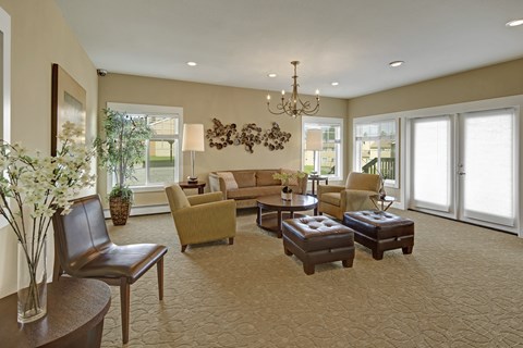 A living room with a brown carpet and furniture.