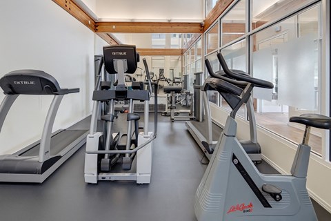 A fitness center here at The Highlands Luxury, including a black and gray-colored treadmill, elliptical, and bike. The surrounding walls are open-concept glass walls with a mirror across the space, encompassed by soft-lighting.