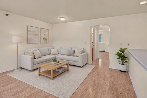 A living room with a white couch, a wooden coffee table, and a potted plant.