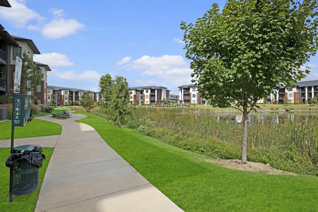 a walkway through a park with houses on the other side of a river