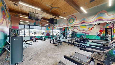 A gym with a variety of equipment including treadmills and weights.