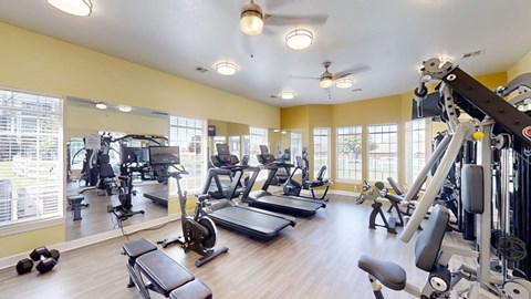 A spacious gym with a variety of equipment including treadmills, weights, and a bench press.