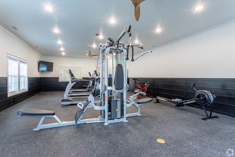 A well-equipped home gym with a variety of exercise machines.