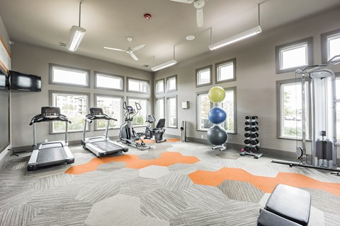 A bright modern fitness center here at Palisades at Pleasant Crossing featuring treadmills, an elliptical machine, a stationary bike, a cable weight station, free weights, and stacked exercise balls, with large windows bringing in natural light, ceiling fans overhead, wall-mounted TVs, and patterned flooring with orange accent designs.