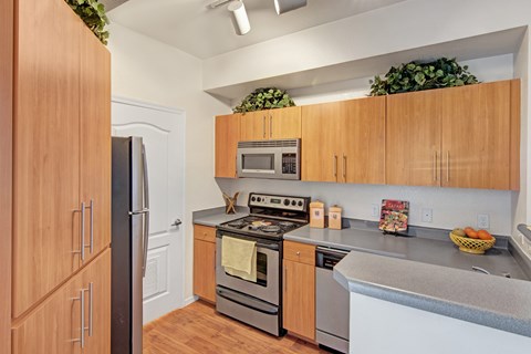 Kitchen with a microwave, stovetop, oven, refrigerator, and countertop