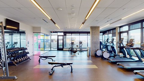 A contemporary fitness center here at JOY on 4th featuring floor-to-ceiling windows with expansive city views, rows of treadmills and cardio machines, free weights with a full dumbbell rack, adjustable benches, and dedicated space for strength training. Sleek lighting, rubber flooring, and mirrored walls create an energizing, modern workout environment.