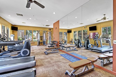 A spacious fitness center here at Natura Villas featuring floor-to-ceiling mirrors, large windows with natural light, and a variety of cardio and strength-training equipment. Treadmills, elliptical machines, stationary bikes, free weights, and weight benches are arranged across the open layout, creating a well-equipped environment ideal for convenient, on-site workouts.