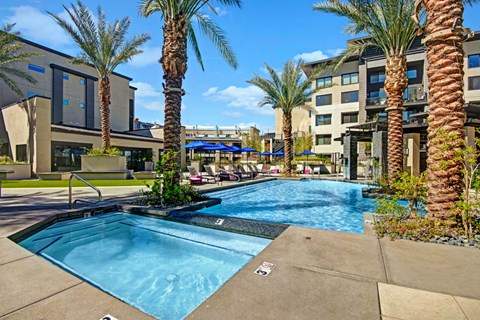 A resort-style outdoor pool here at Roosevelt Row featuring a clear blue swimming pool with an adjacent spa, palm trees throughout the courtyard, modern lounge chairs with umbrellas, landscaped planters, and surrounding contemporary apartment buildings that create a relaxing, upscale community setting.