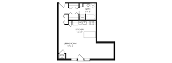 A floor plan apartment with a living room, kitchen, and bathroom.