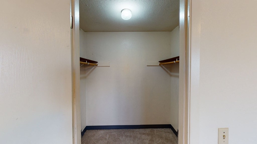 Empty walk-in closet here at Deer Park Apartments with beige carpet, white walls, a ceiling light, and two shelves for storage.