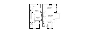A floor plan of a small apartment with three bedrooms and a kitchen.