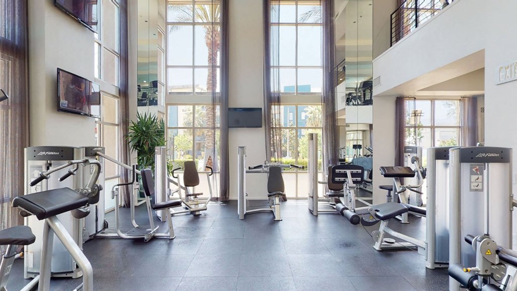 Bright, modern gym here at Artisan at Main Street Metro Apartments with large windows, featuring various exercise machines like leg presses and cable stations. Neutral tones create a calm atmosphere.