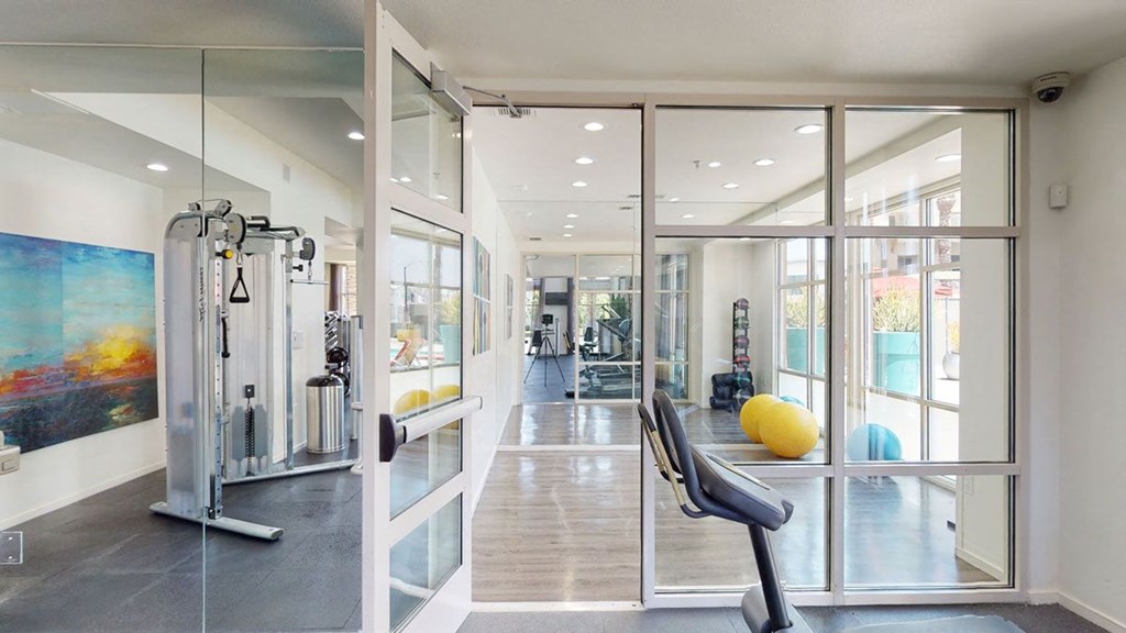 Bright gym here at Artisan at Main Street Metro Apartments with glass walls, featuring an exercise bike, colorful yoga balls, weight machines, and art on the walls. The atmosphere is modern and inviting.