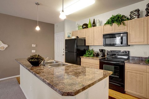 Modern kitchen here at Aspire at Pinnacle Peak Apartments with light wood cabinets and dark countertops. Black appliances include a fridge and oven. Plants and decor on top of cabinets add greenery.