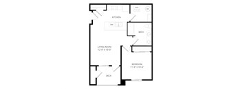 A floor plan of a small apartment with a kitchen, living room, bedroom and bathroom.