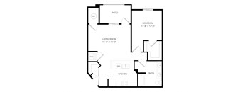 A floor plan of a house with a living room, kitchen, bathroom, bedroom and patio.