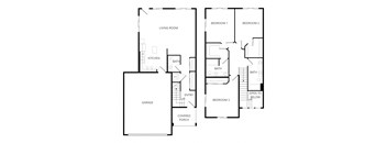 A floor plan of a house with three bedrooms, a garage, and a covered porch.