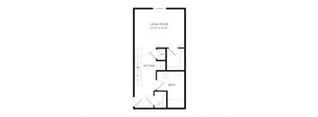 A floor plan of a small apartment with a living room, kitchen, and bathroom.