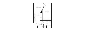 A black and white image of a floor plan for a small apartment.