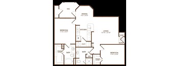 A black and white image of a house floor plan with a living room, dining room, kitchen, and three bedrooms.