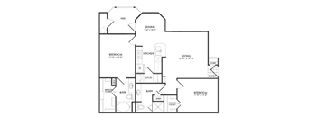 A black and white image of a house floor plan with a dining area, kitchen, living room, and three bedrooms.