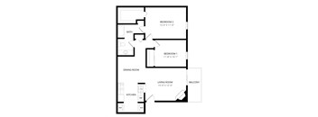 A black and white image of a floor plan for a two bedroom apartment.