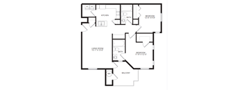A black and white image of a house floor plan with a kitchen, living room, two bathrooms, two bedrooms, and a balcony.